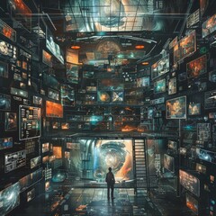 Fototapeta premium Futuristic Cityscape With A Lone Figure Gazing At A Space Portal