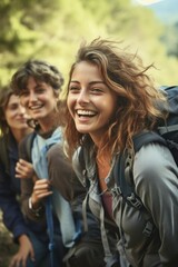 Fototapeta premium A group of young people with backpacks smiling for the camera on a hiking trip