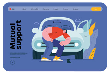 Mutual Support: Adopting a stray animal -modern flat vector concept illustration of man stopping his car for a kitten on the road A metaphor of voluntary, collaborative exchanges of resource, services