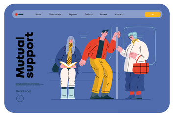 Mutual Support Giving up seat in public transport -modern flat vector concept illustration of man offering his seat to elderly woman on bus A metaphor of voluntary, collaborative exchanges of services