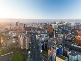 Birmingham skyline overlooking the A38 at dawn