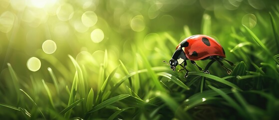 Obraz premium A Macro Closeup of a Ladybug Resting on a Leaf, Surrounded by the Lushness of Nature's Embrace