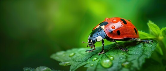 Obraz premium A Macro Closeup of a Ladybug Resting on a Leaf, Surrounded by the Lushness of Nature's Embrace