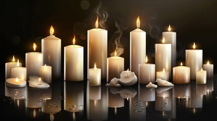 A group of lit candles on a smooth surface reflecting their light