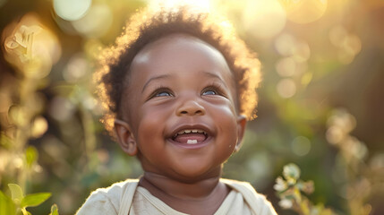 A cute baby is smiling and gazing up at the bright sun with joy