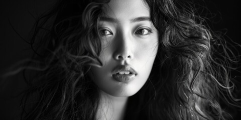 A black and white portrait of a woman with long hair, ideal for use in vintage-themed projects or as a symbol of elegance