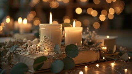 A table set with candles and an open book, perfect for a cozy reading session or study area