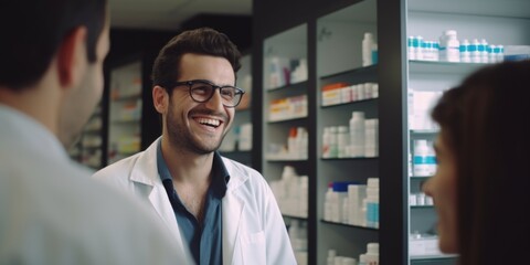 Fototapeta premium A scientist in a lab coat is having a conversation with a woman, likely discussing scientific concepts or research findings