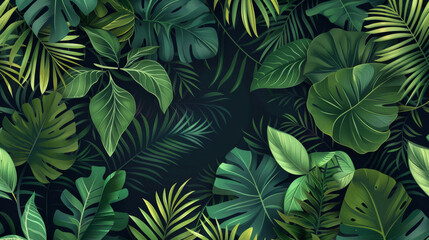 A seamless pattern of lush green foliage, leaves and plants in the forest against a dark background in the style of a vintage illustration