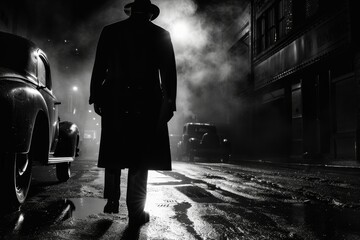 Man Walking in Dark City Street at Night