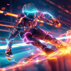 Fototapeta premium Futuristic athlete, neon sports arena, high-tech gear, action-packed pose, competitive fire, energy trail