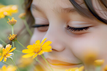 Fototapeta premium A young girl is enjoying the scent of a yellow flower with her eyes shut