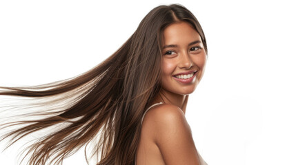 Fototapeta premium A beautiful young woman with long brown hair, posing in a relaxed position