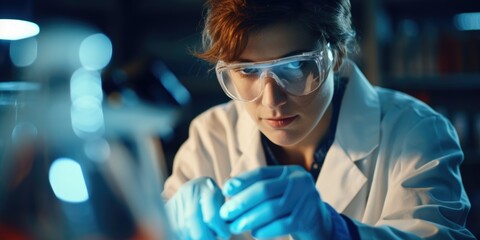 A scientist in a lab coat and goggles examines something with curiosity