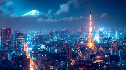 Tokyo skyline panoramic view, night scenic of modern city buildings cityscape tokyo tower Mount Fuji background, luxury urban architecture landscape in japan, commercial editorial travel advertisement