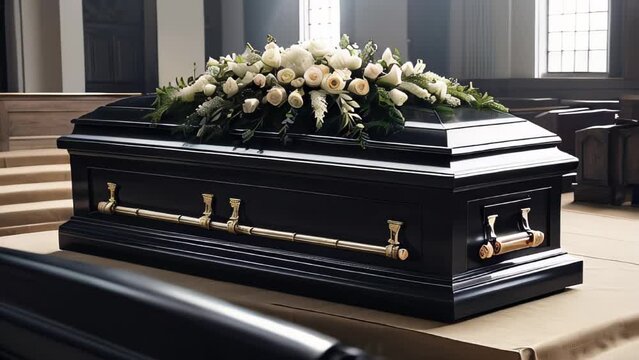 A funeral casket with flowers arranged on top of it