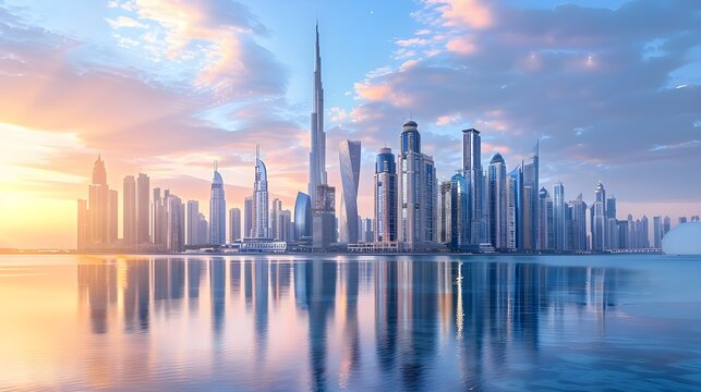 Dubai skyline with sunset day sunrise. Modern luxury architecture, cityscape iconic tower Burj Khalifa and futuristic building skyscraper, reflecting on water. 3d contemporary surreal digital art deco
