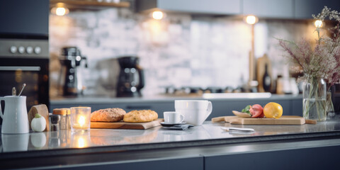 A morning scene with a cup of coffee and bread on a kitchen counter