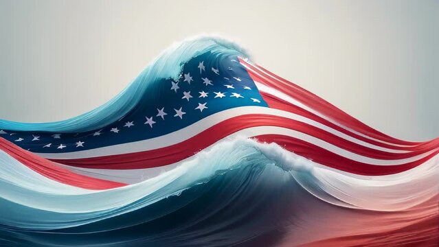 A wave featuring the American flag design crashing on the shore, memorial day concept, patriotism, Independence Day background