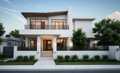 Fototapeta premium A Contemporary Dwelling with Stylish Architecture, Beautiful Exterior Design, and a Serene Garden Setting. Perfect Family Home in a Residential Neighborhood, Featuring Thoughtful Construction 