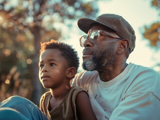 A fatherly figure sitting with a young child, conveying warmth and companionship