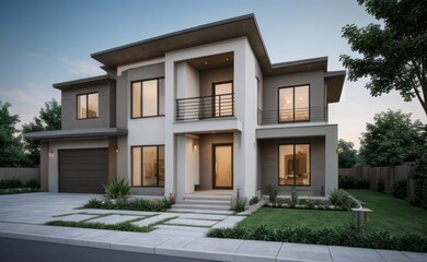 Fototapeta premium A Contemporary Dwelling with Stylish Architecture, Beautiful Exterior Design, and a Serene Garden Setting. Perfect Family Home in a Residential Neighborhood, Featuring Thoughtful Construction 