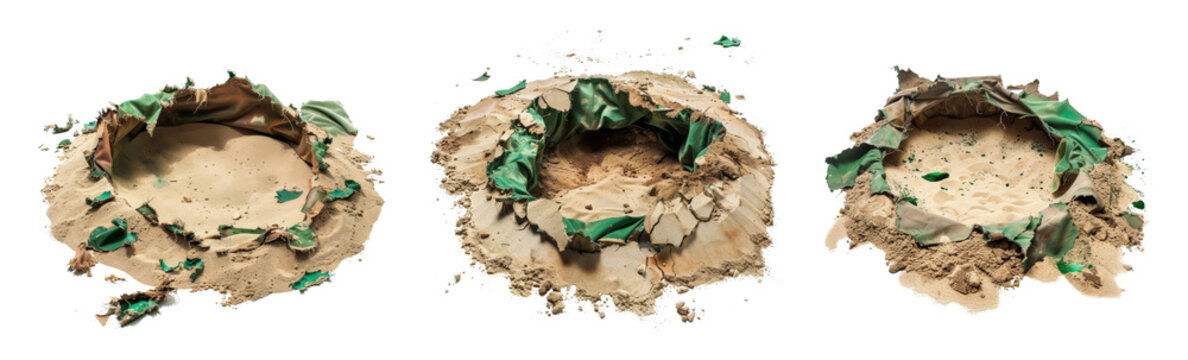 Set of sand crater explosion with torned fabric parts on the transparent background 