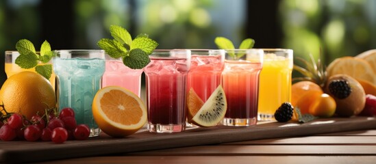 Fototapeta premium wooden table with glasses of different juices and fresh fruits on a white background