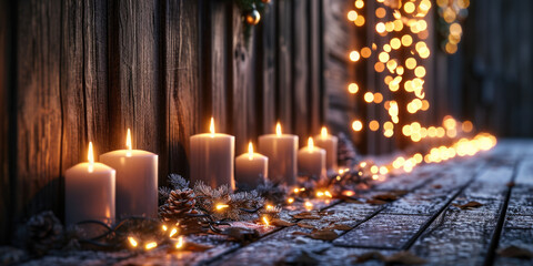 A row of lit candles sitting next to a warm wooden fence, perfect for cozy scenes or rustic decor - Powered by Adobe