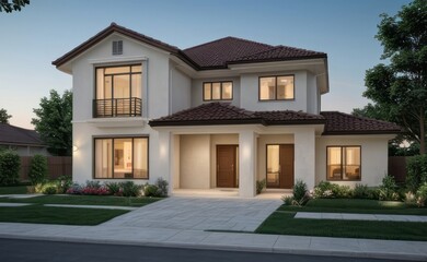 Fototapeta premium A Contemporary Dwelling with Stylish Architecture, Beautiful Exterior Design, and a Serene Garden Setting. Perfect Family Home in a Residential Neighborhood, Featuring Thoughtful Construction 