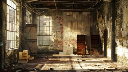 Capture a weathered, industrial warehouse from an eye-level angle using a grunge effect in digital rendering