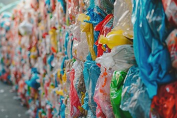 Fototapeta premium A pile of plastic bags stacked on top of a wall, possibly indicating waste or disposal issues