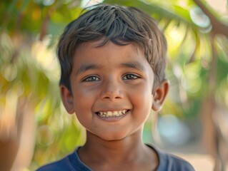 A happy young child with a bright smile looking directly at the camera