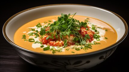 A rich and creamy bowl of lobster bisque garnished with a dollop of sour cream and chives 