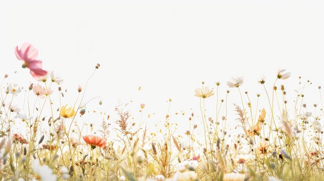 Field of whispy flowers on white background
