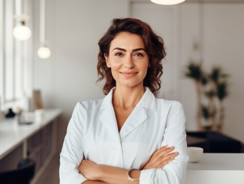 A woman wearing a white lab coat stands with her arms crossed, ready for a medical examination or procedure