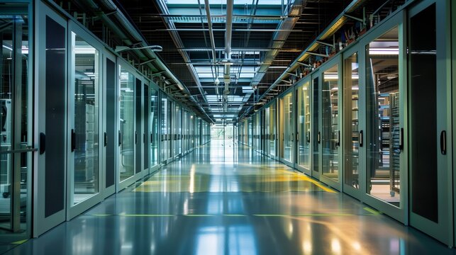 Ein elegantes, energieeffizientes Rechenzentrum mit fortschrittlichen K&uuml;hlsystemen und gr&uuml;ner Technologie f&uuml;r nachhaltige Datenspeicherung und -verarbeitung.