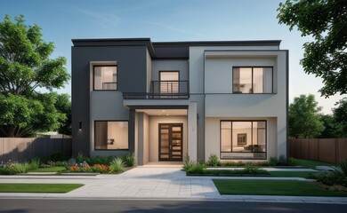 Fototapeta premium A Contemporary Dwelling with Stylish Architecture, Beautiful Exterior Design, and a Serene Garden Setting. Perfect Family Home in a Residential Neighborhood, Featuring Thoughtful Construction 