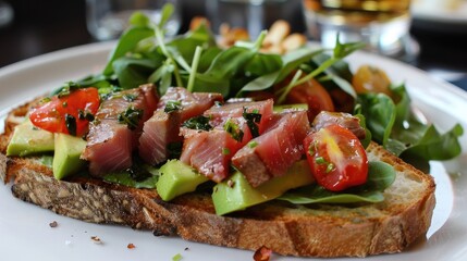 Toasted bread topped with tuna steak mixed greens avocado and cherry tomato