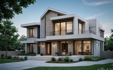 Fototapeta premium A Contemporary Dwelling with Stylish Architecture, Beautiful Exterior Design, and a Serene Garden Setting. Perfect Family Home in a Residential Neighborhood, Featuring Thoughtful Construction 
