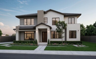 A Contemporary Dwelling with Stylish Architecture, Beautiful Exterior Design, and a Serene Garden Setting. Perfect Family Home in a Residential Neighborhood, Featuring Thoughtful Construction	