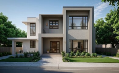 Fototapeta premium A Contemporary Dwelling with Stylish Architecture, Beautiful Exterior Design, and a Serene Garden Setting. Perfect Family Home in a Residential Neighborhood, Featuring Thoughtful Construction 