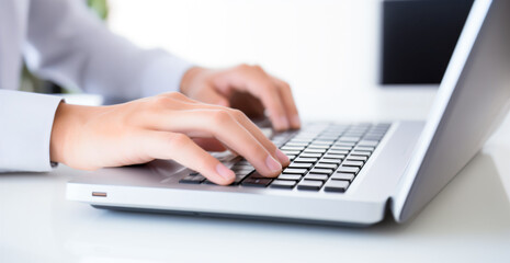 Close Up of Hands Typing on a Laptop Keyboard, Symbolizing Modern Work and Efficiency. Technology & Efficiency Concept
