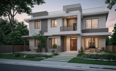 Fototapeta premium A Contemporary Dwelling with Stylish Architecture, Beautiful Exterior Design, and a Serene Garden Setting. Perfect Family Home in a Residential Neighborhood, Featuring Thoughtful Construction 