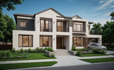 Fototapeta premium A Contemporary Dwelling with Stylish Architecture, Beautiful Exterior Design, and a Serene Garden Setting. Perfect Family Home in a Residential Neighborhood, Featuring Thoughtful Construction 