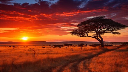 A serene sunset in the savanna, with acacia trees dotting the landscape and the 