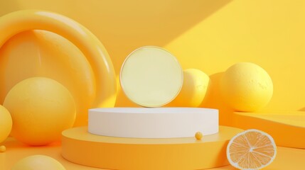 Podium for product presentation background, sunscreen around. National sunscreen day concept 