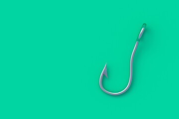 Fishing hook on green background. Metallic fishhook. Professional angling equipment. Outdoor sport or hobby. Copy space. 3d render