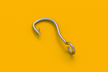 One fishing hook on orange background. Metallic fishhook. Professional angling equipment. Outdoor sport or hobby. 3d render