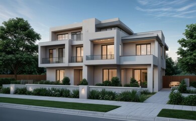 Obraz premium A Contemporary Dwelling with Stylish Architecture, Beautiful Exterior Design, and a Serene Garden Setting. Perfect Family Home in a Residential Neighborhood, Featuring Thoughtful Construction 